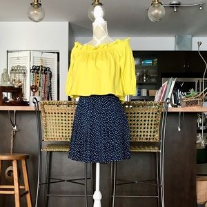 SET - Bright yellow ruffle top off shoulder + white dot navy blue skirt